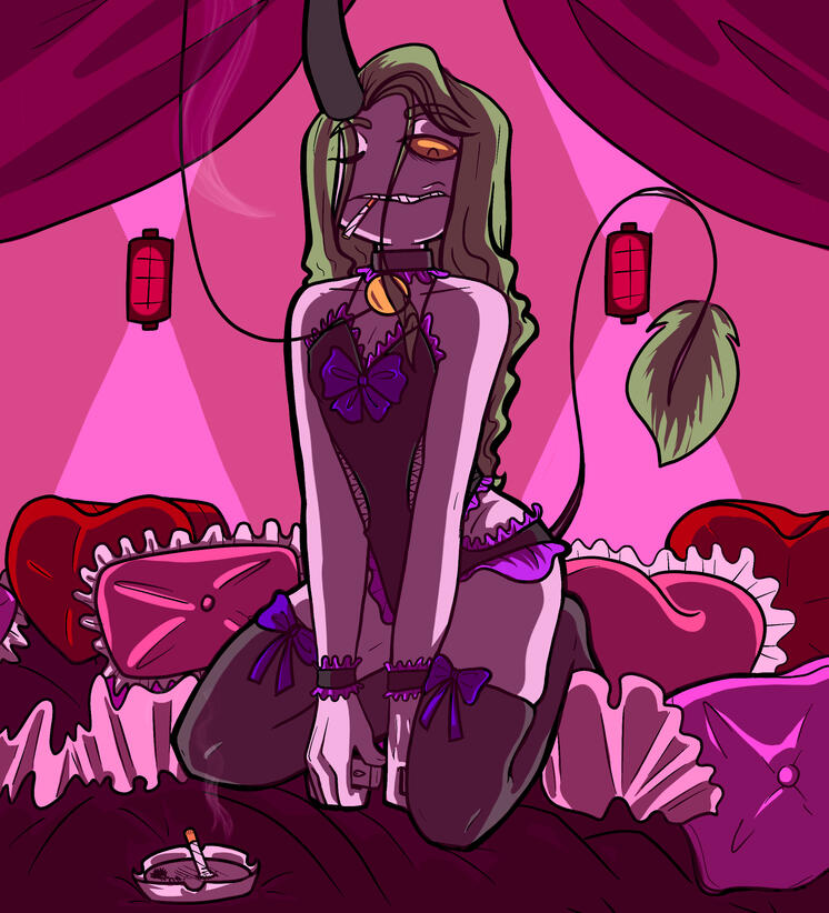 Full Color Split In Lingerie A full color digital drawing of a character kneeling on a bed, wearing lingerie. The aesthetic is overall valentines themed, with a heavy pink overlay, heart shaped pillows, rumpled bedsheets and a burning cigarette in a clear ashtray. The character is smo