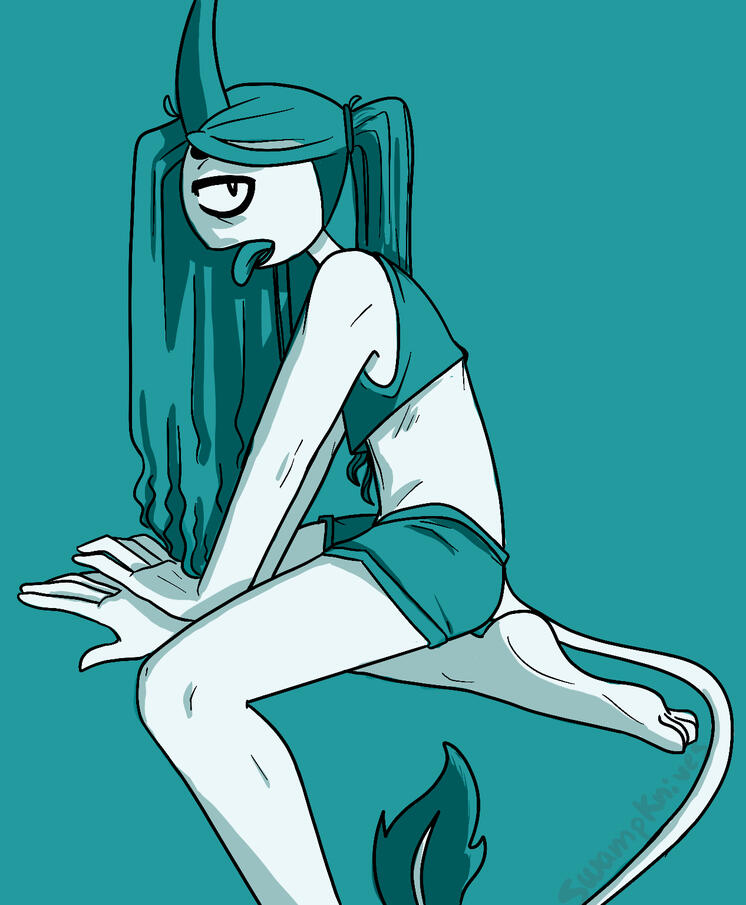 A monochrome blue digital drawing of the character Split wearing a crop top and shorts. He's sitting with his arms crossed in front of him, hands placed on the surface he's sitting on. He's sitting on one leg, the foot extending behind him, the other leg e