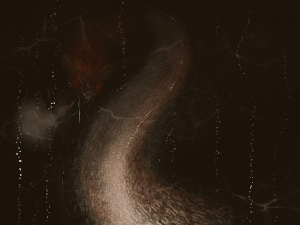 A digital painting of what appears to be a dimly lit, possibly underwater creature resembling a serpent or worm, with a reddish head and a mouth full of sharp teeth. It's exhaling a cloud of silt or smoke, and there are bubbles or specks of dust rising fro