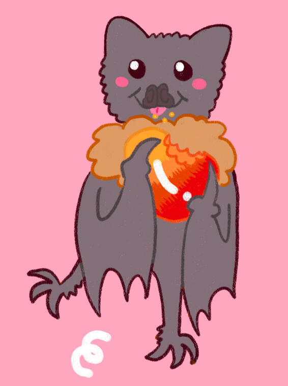 Bat With Mango A full color digital drawing of a small bat character. He is smiling and enjoying a mango, which he holds with his wings and tiny claws. He appears to be flying, feet outstretched.