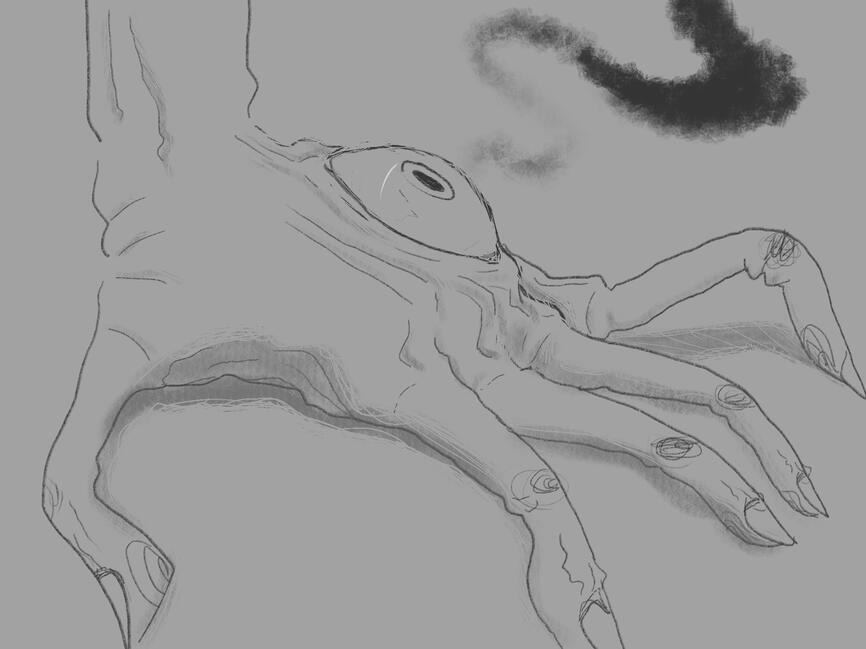 A black and white greyscale digital drawing of a hand with a single, large eyeball in the center of the back of the hand. The fingers are crooked and oddly splayed, and there is dark smoke rising from the eye.